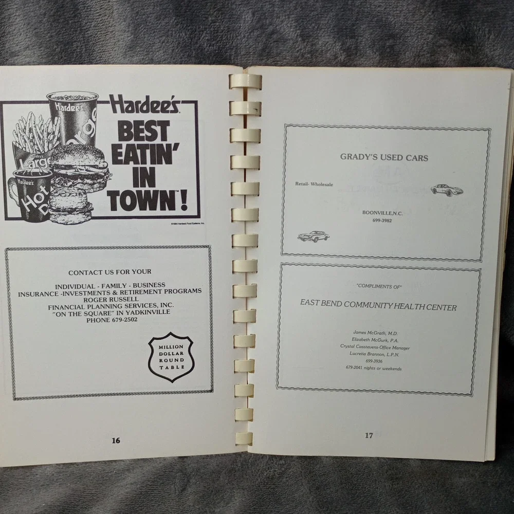 East‎ Bend, NC Firemen's Auxiliary Spiral Cookbook Cook Book 1984 Vintage